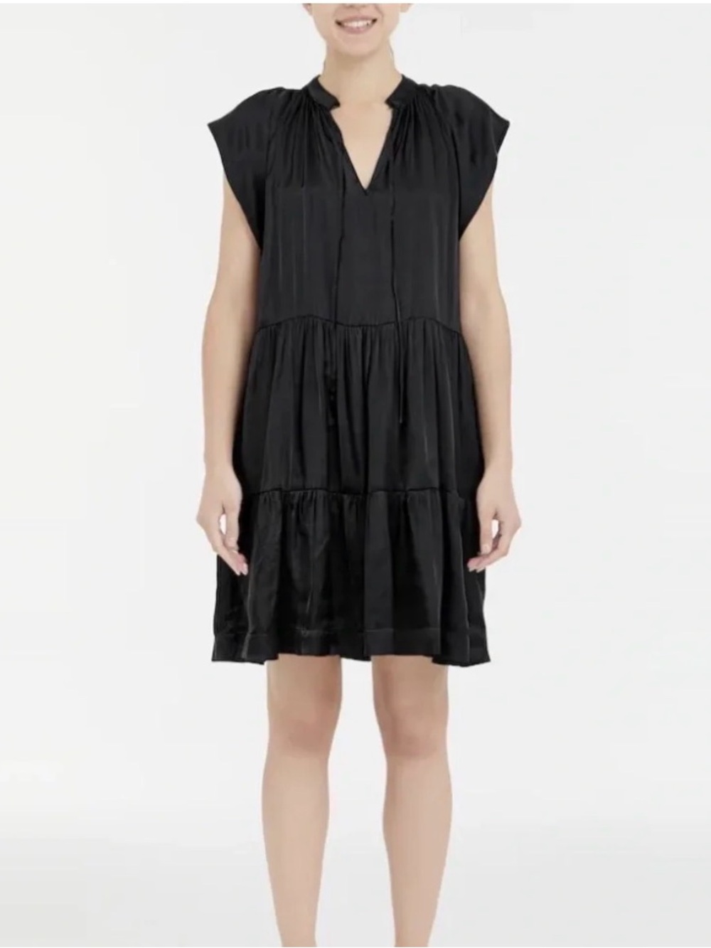 Zadig & Voltaire Black Tiered V-Neck Midi Dress with Cap Sleeves